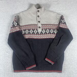GH Bass & Co Sweater Mens Small Gray Black Fair Isle Button Mock Neck Pullover‎